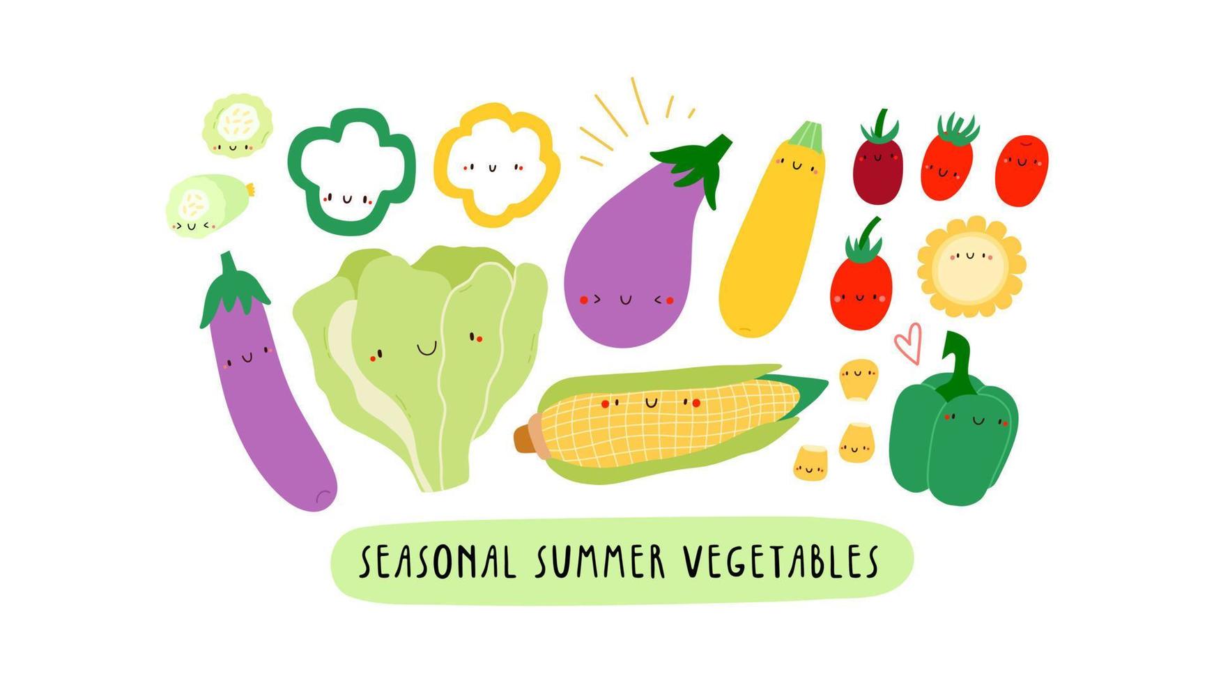 Super cute illustration - Seasonal Summer Vegetables. Hand drawn collection of different vegetables with smiley faces. Healthy food characters set vector