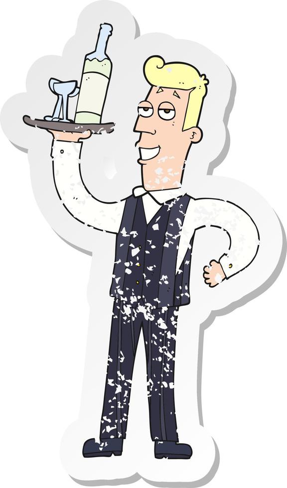 retro distressed sticker of a cartoon waiter vector