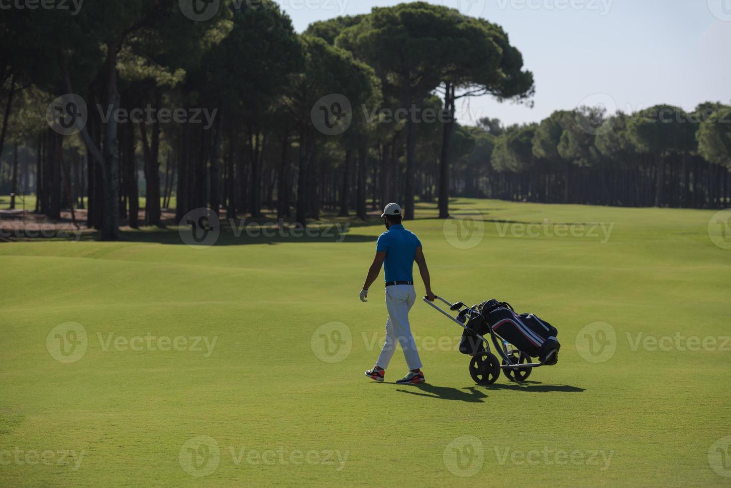 golf player walking with wheel bag photo