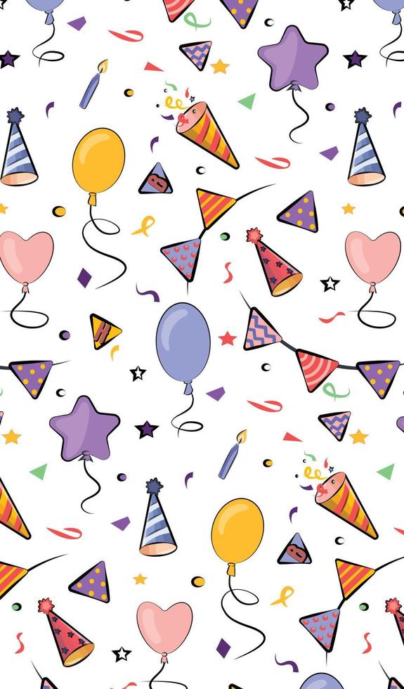 seamless pattern colored bright adorable flat vector  stories vertical layout invitation web stories birthday party with a birthday cake, balloons and candles crackers  flags isolated on white