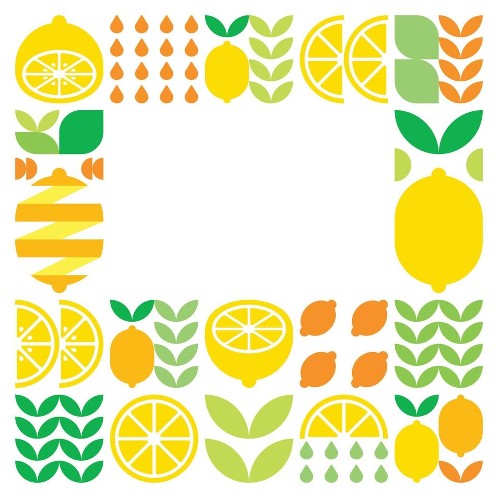 Minimalist flat vector frame, lemon fruit icon symbol. Simple geometric illustration of citrus, oranges, lemonade and leaves. Abstract design on black background. For copy space, social media posts.