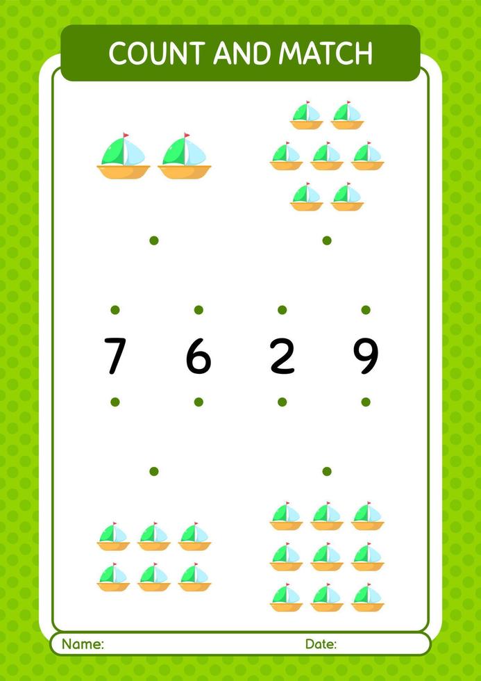Count and match game with sailing boat. worksheet for preschool kids, kids activity sheet vector