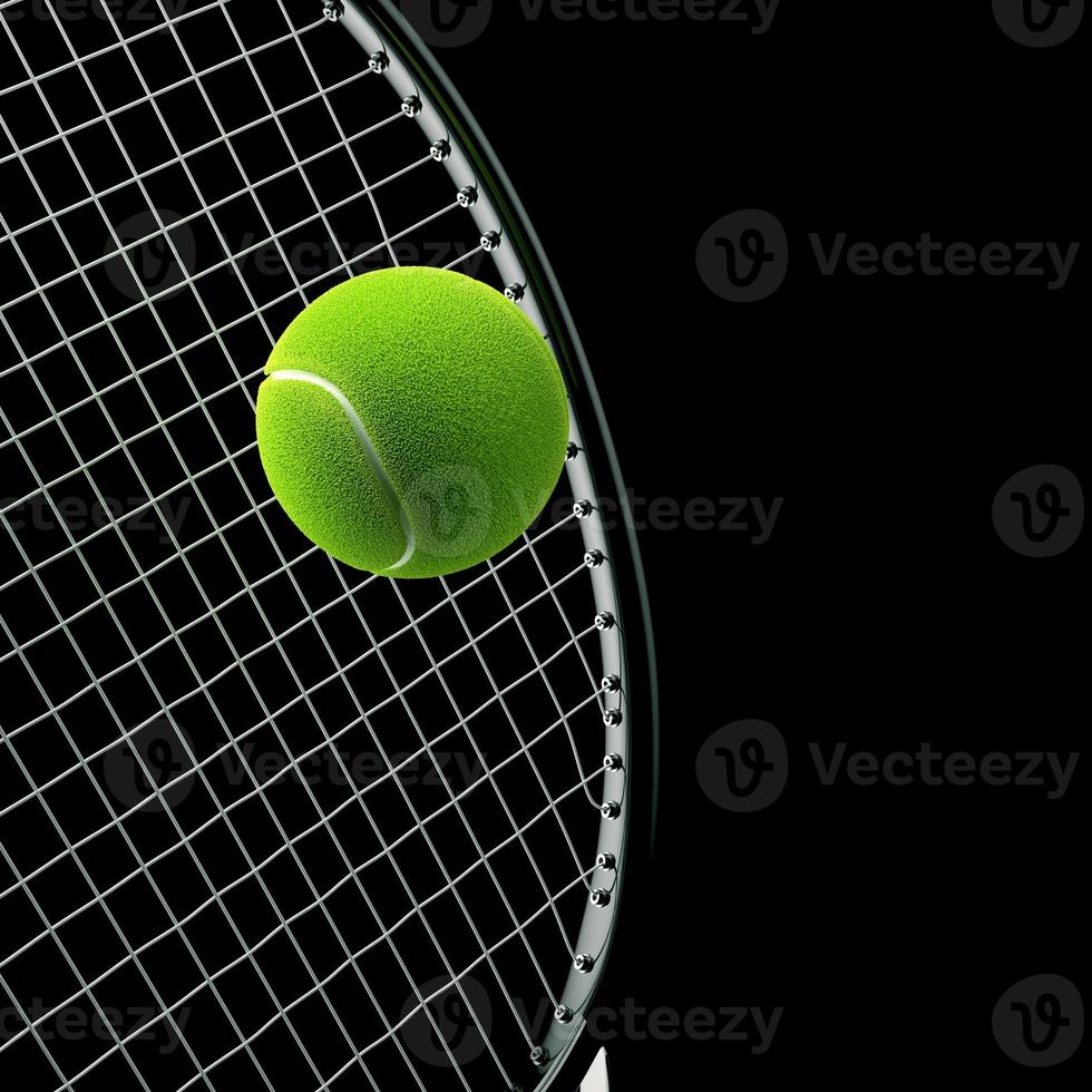 Tennis racket with ball on black background photo