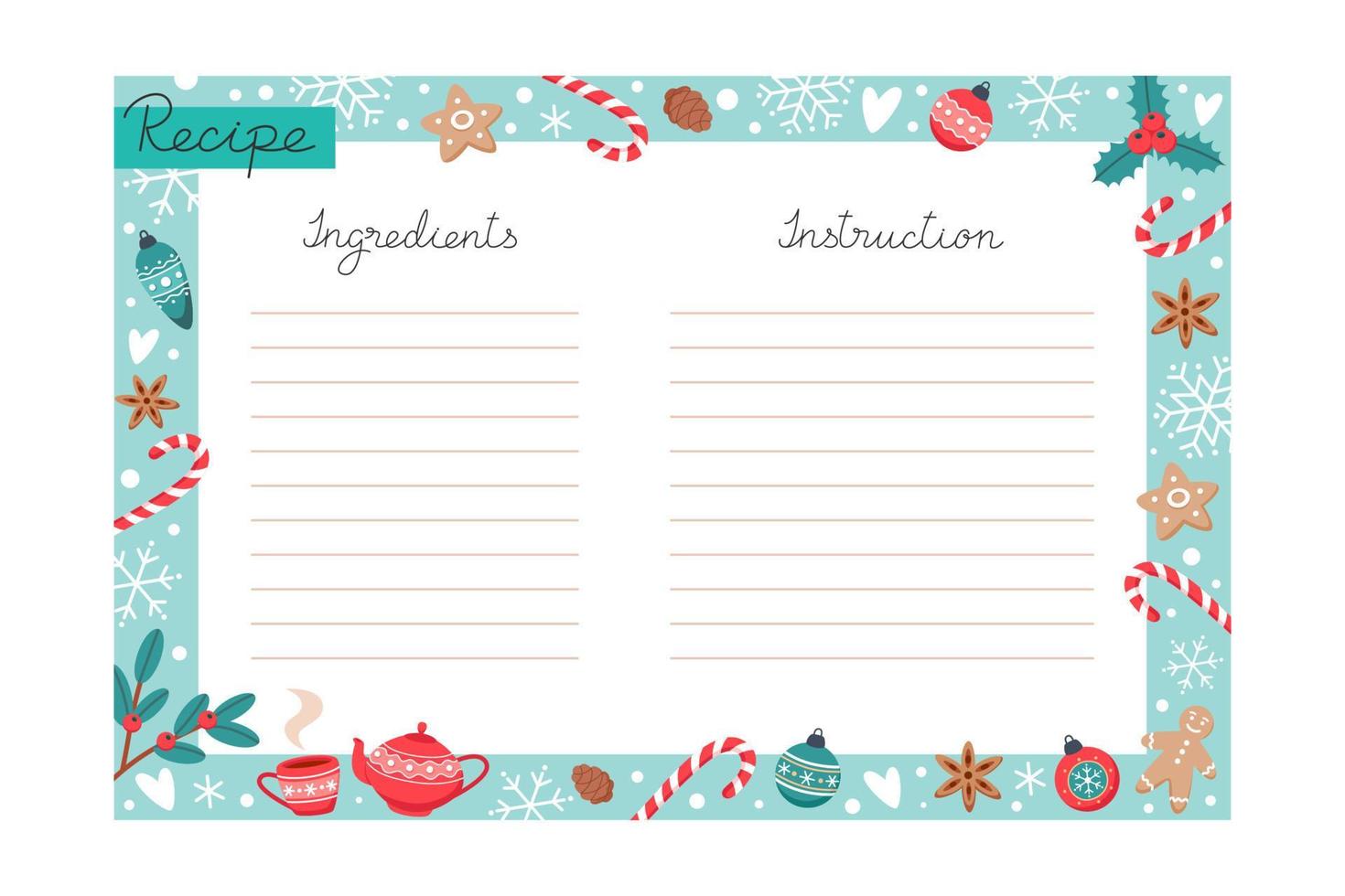 Christmas holiday baking recipe template with ingredients and instructions copy space vector