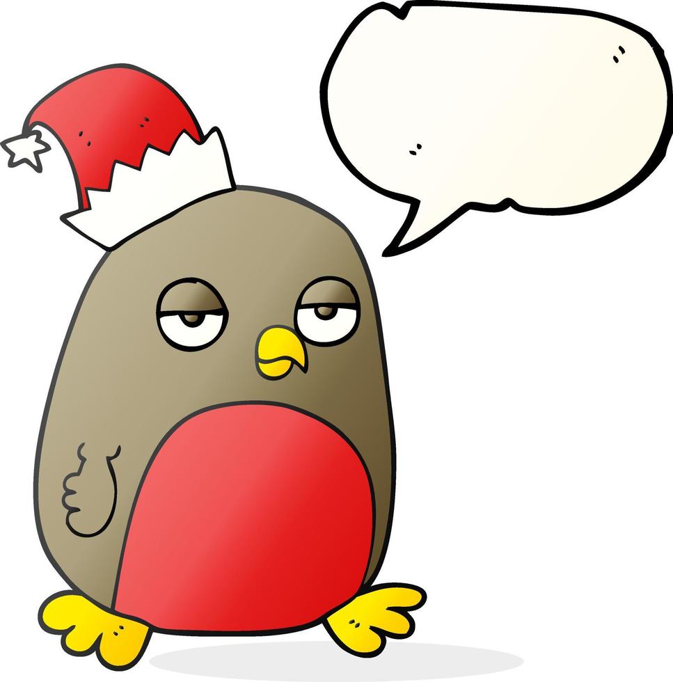 Discurso de burbuja dibujada a mano alzada cartoon christmas robin vistiendo gorro de navidad vector