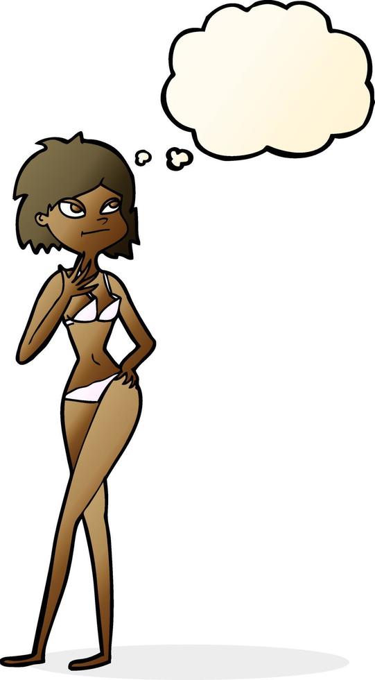 cartoon woman in bikini with thought bubble vector