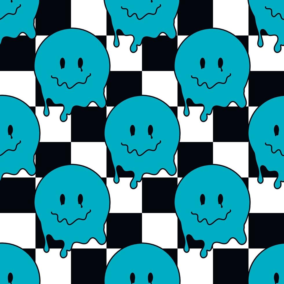 la droga de la sonrisa divertida se enfrenta a un patrón sin costuras. fondo psicodélico surrealista de la sonrisa del derretimiento del techno. caras trippy, techno, cara de sonrisa derretida fondo de pantalla de dibujos animados arte conceptual. estética y2k vector