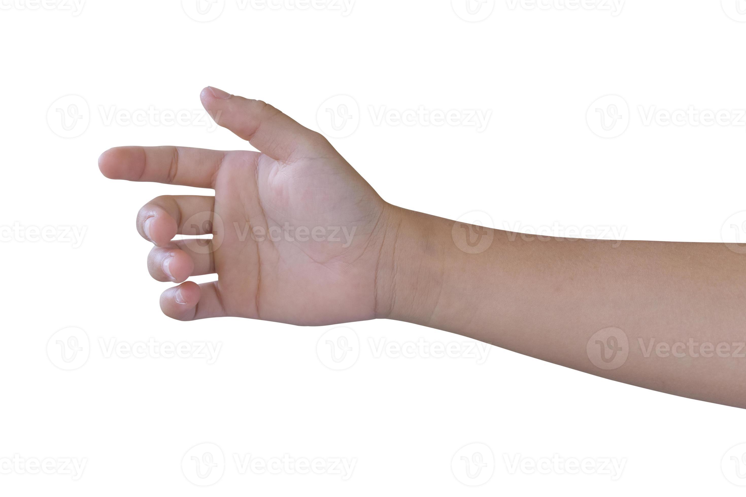 Child hand holding something like a bottle isolated on white background
