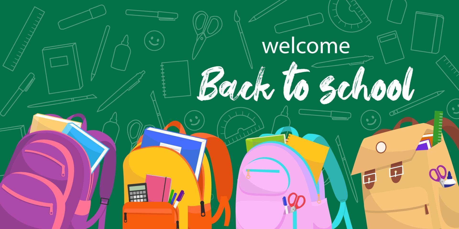 Back to School web banner. Green background with colorful illustrations of backpacks and educational supplies. vector