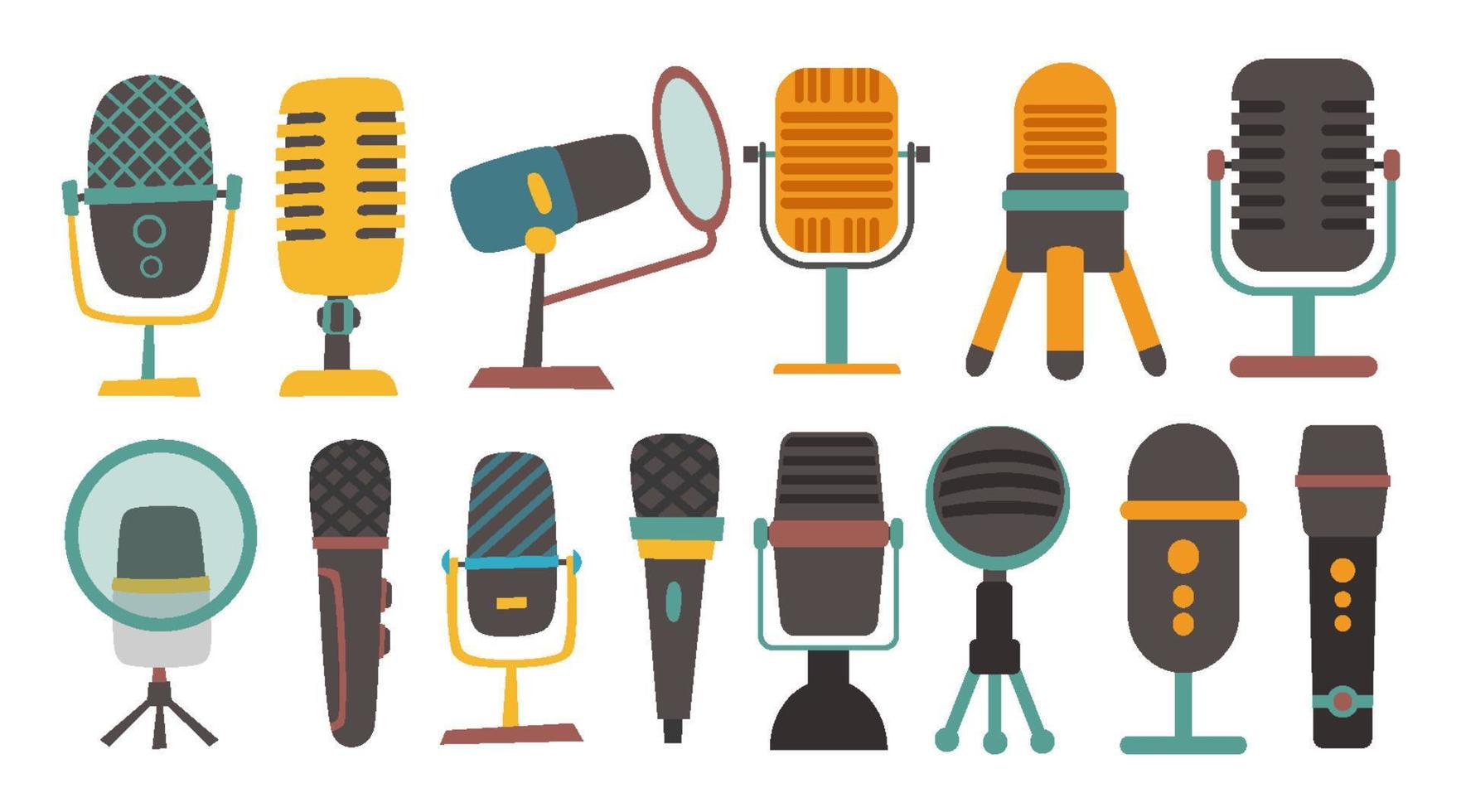 Retro Vintage Set of Podcast Equipments or tools Elements, groovy bundle. Vintage Objects Sticker Label in 70s, 80s, 90s style. Flat illustration with microphones, mixer, headphone and speaker vector