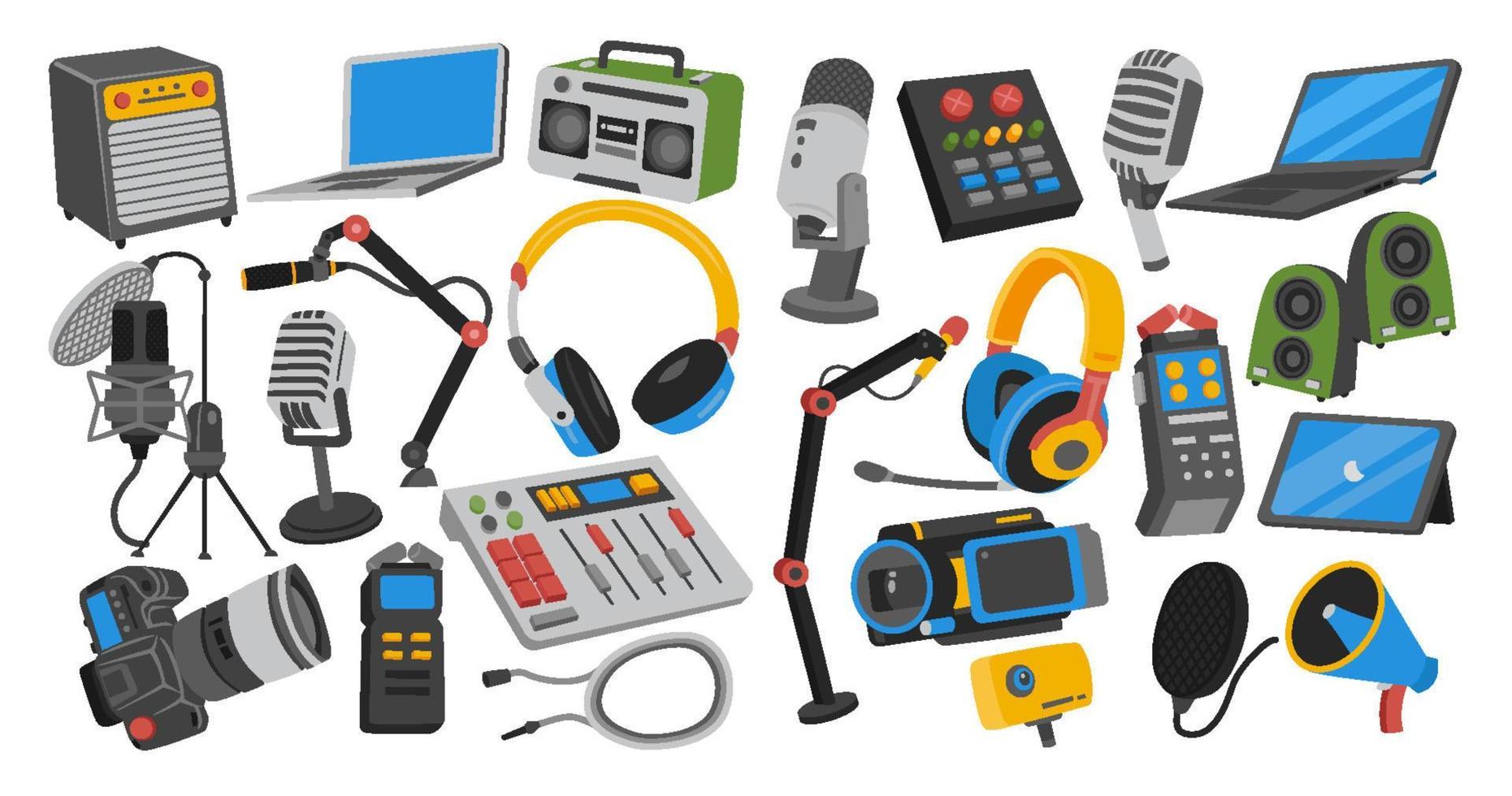 Retro Vintage Set of Podcast Equipments or tools Elements, groovy bundle. Vintage Objects Sticker Label in 70s, 80s, 90s style. Flat illustration with microphones, mixer, headphone and speaker vector