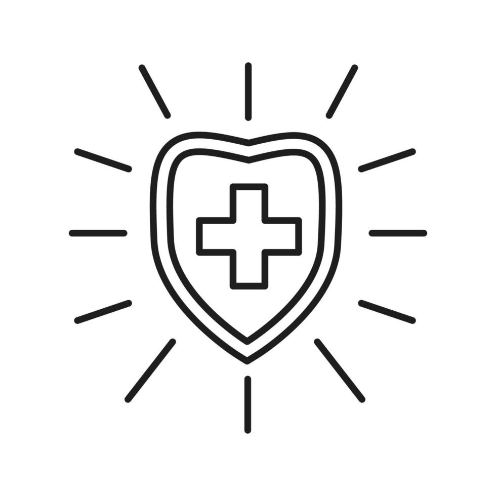 Isolated vector dark grey icon shield with a cross on the white background. Line art pictogram for game, design and illustrations