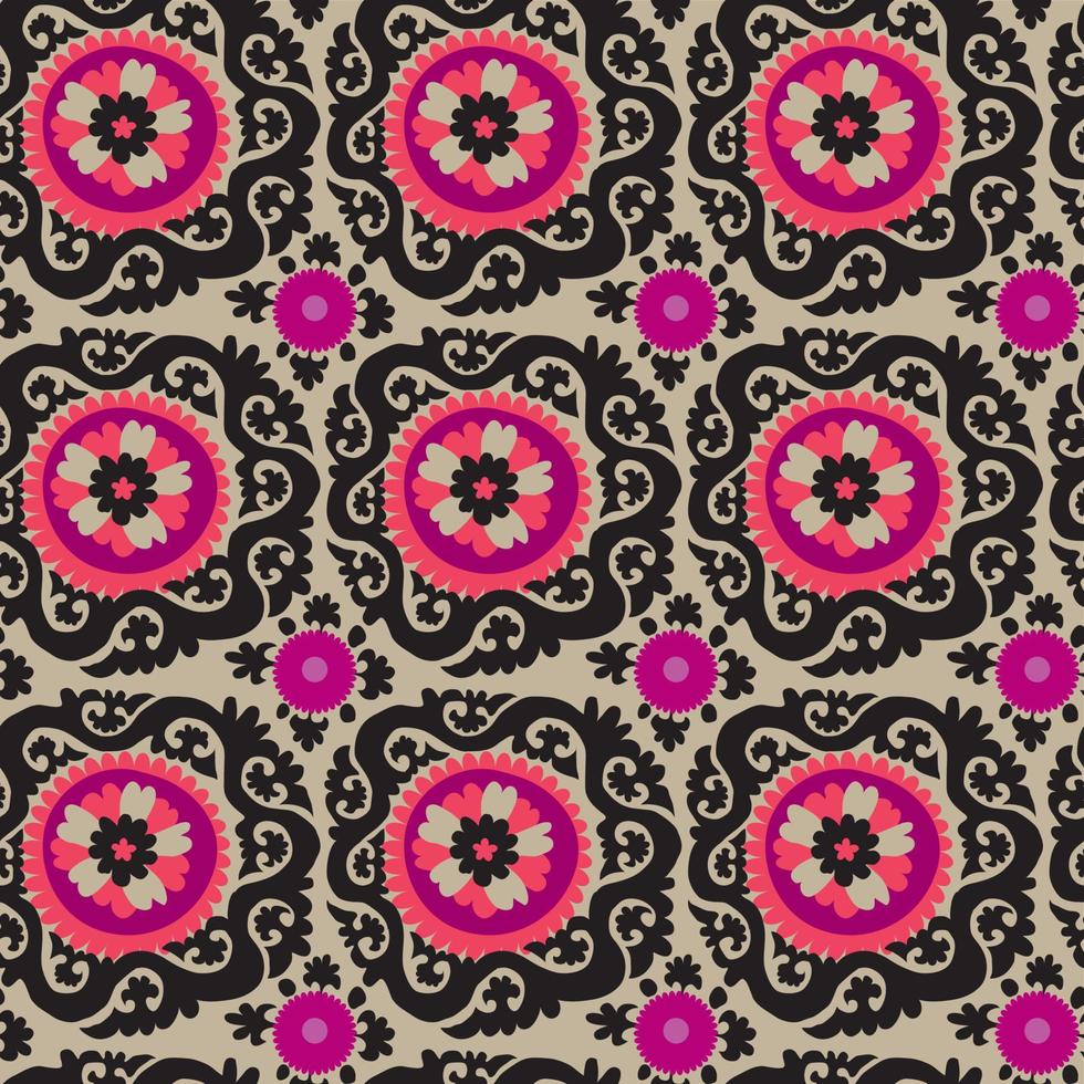 traditional asian carpet embroidery Suzanne in pink and black color. Uzbek ethnic decorative floral motif for rug, fabric, tablecloth vector