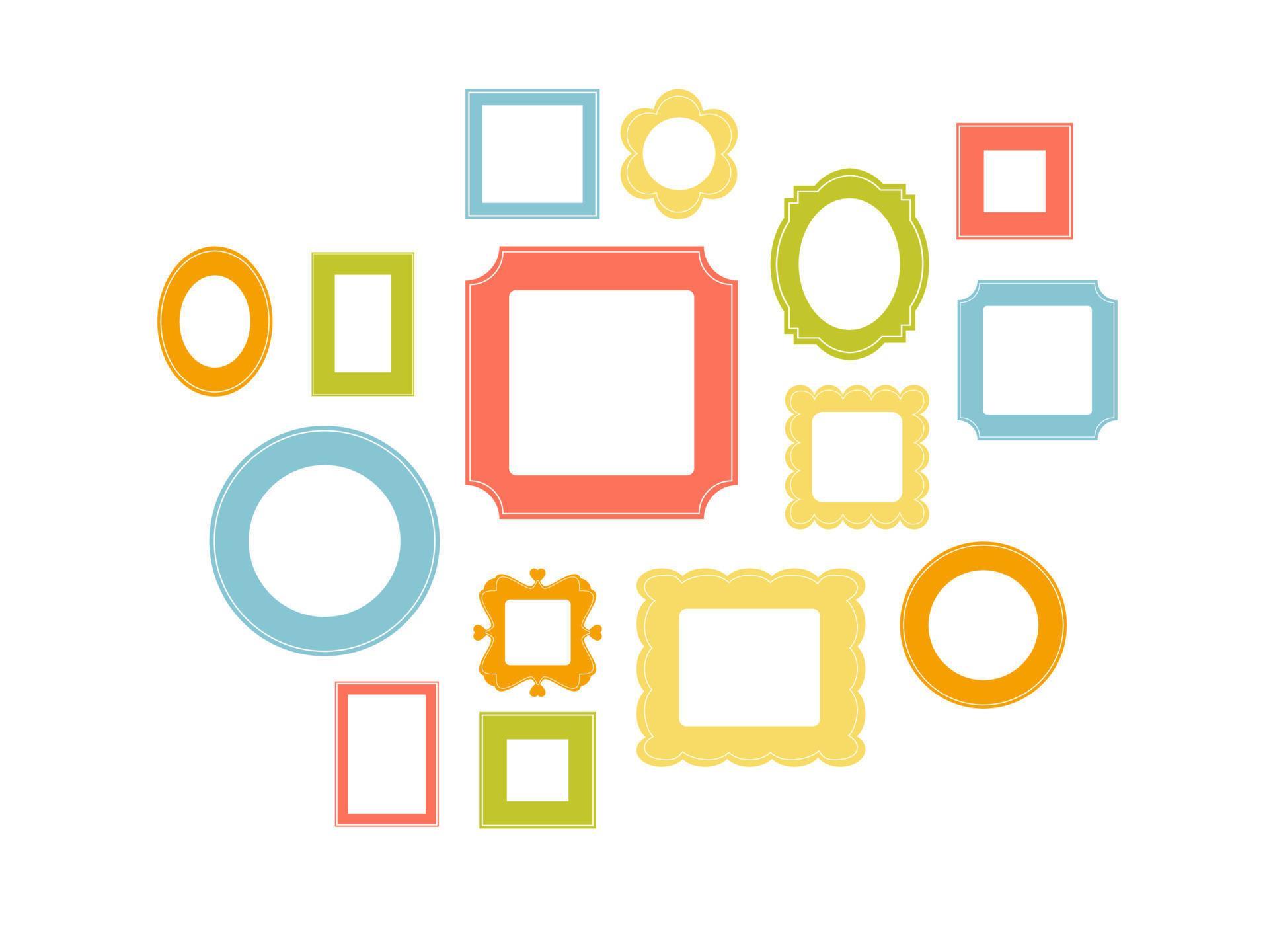 Set of cartoon picture frames organized as gallery wall. Blank colored frames isolated on white