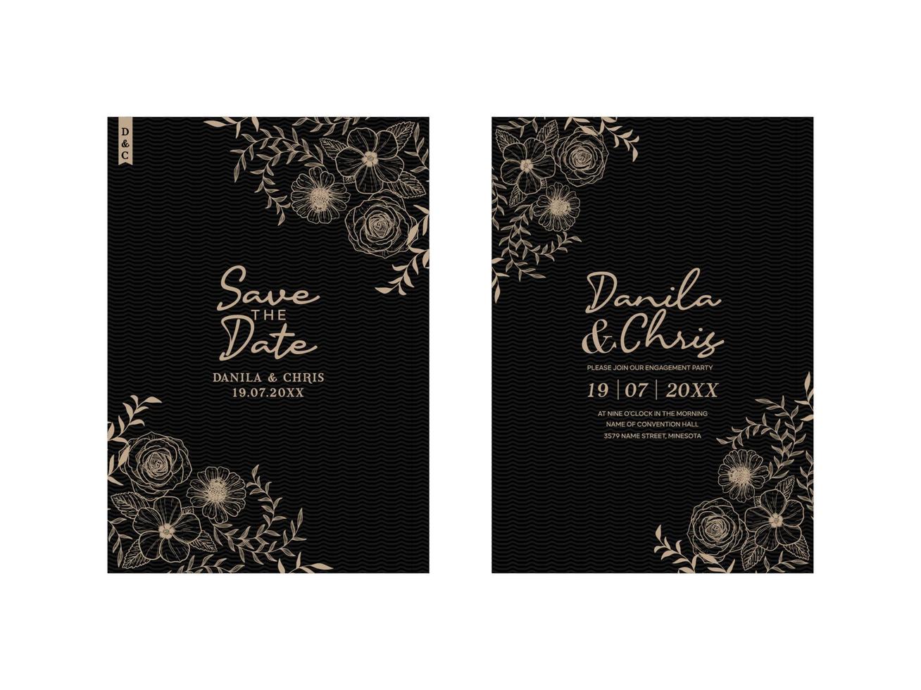 Wedding invitation with floral vector line art