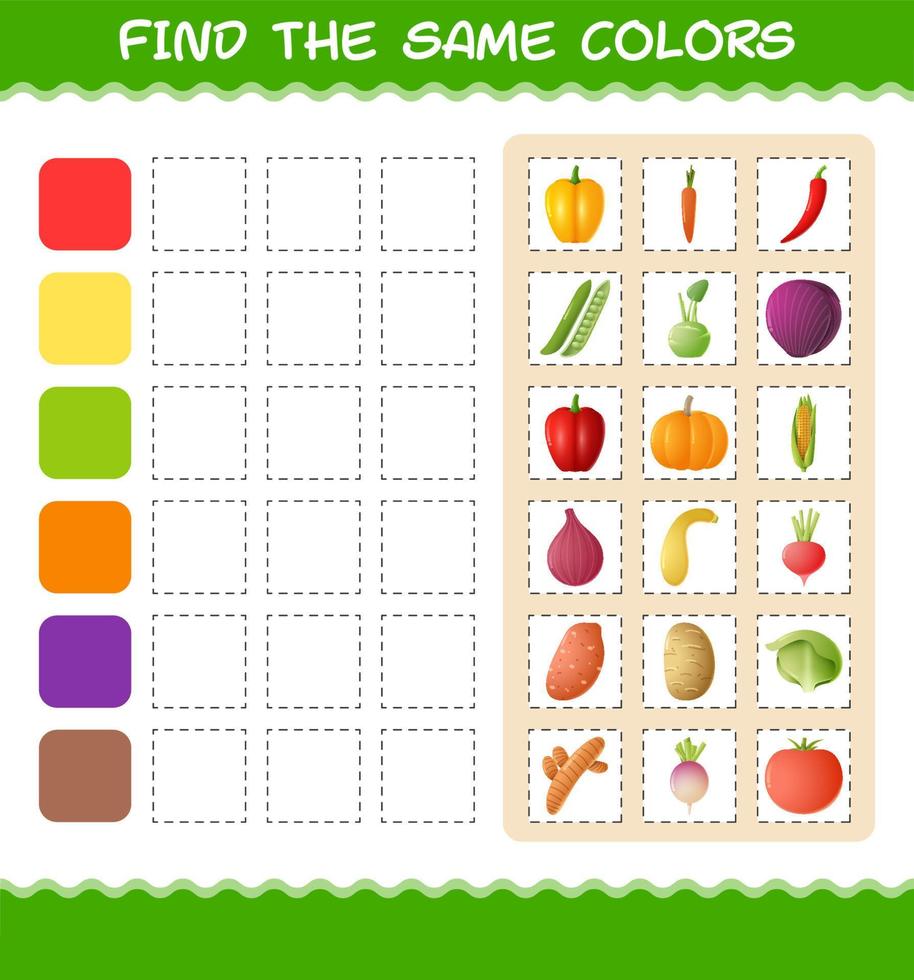 Find the same colors of vegetables. Searching and Matching game. Educational game for pre shool years kids and toddlers vector