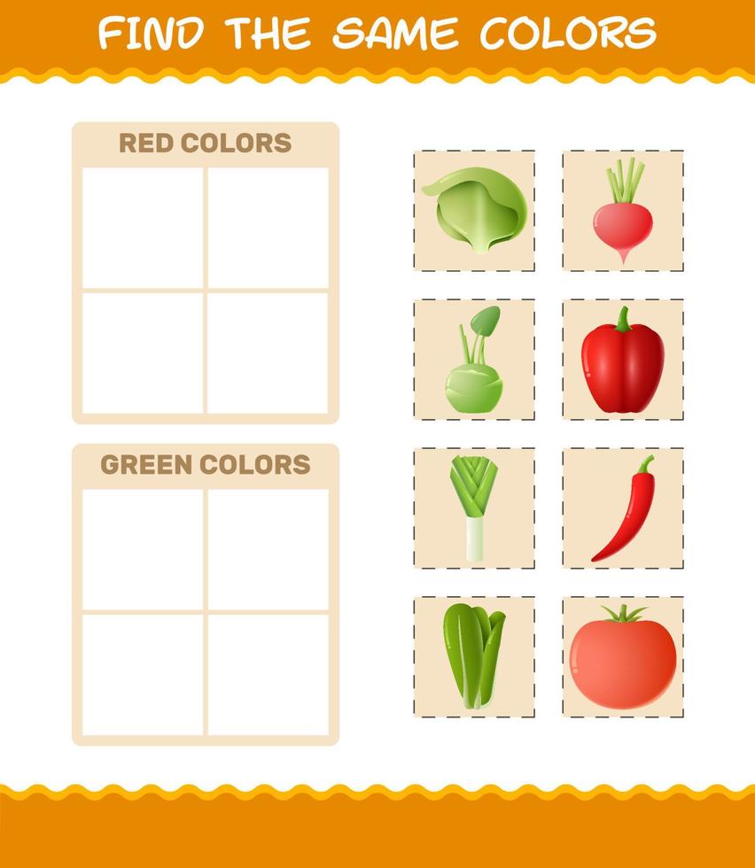 Find the same colors of vegetables. Searching and Matching game. Educational game for pre shool years kids and toddlers vector