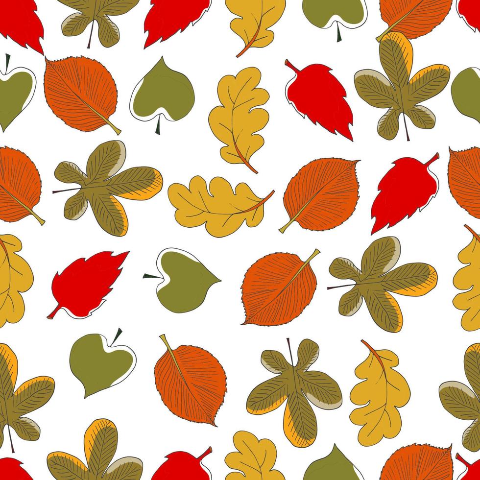 Colorful bright autumn background with maples, oaks, chestnut trees and elms leaves, red berries and acorns. Hand drawn vector seamless pattern.