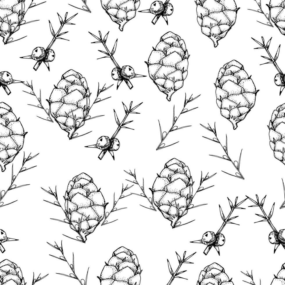 Black and white seamless botanical pattern. Hand drawn floral illustration. vector