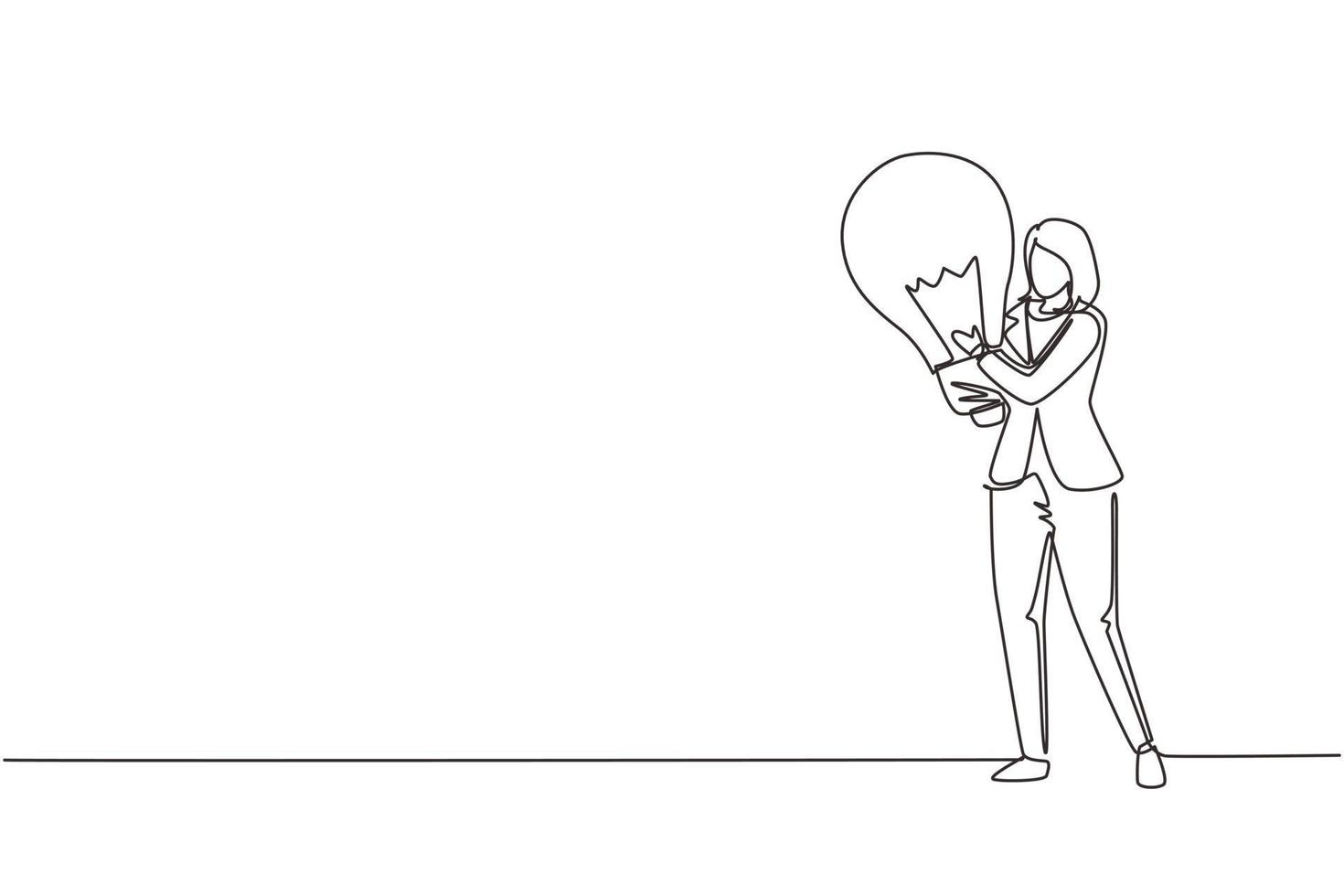 Continuous one line drawing smiling businesswoman holds big lightbulb as symbol of new idea. Happy woman in blazer stands with idea in her hands. Business concept idea. Single line draw design vector