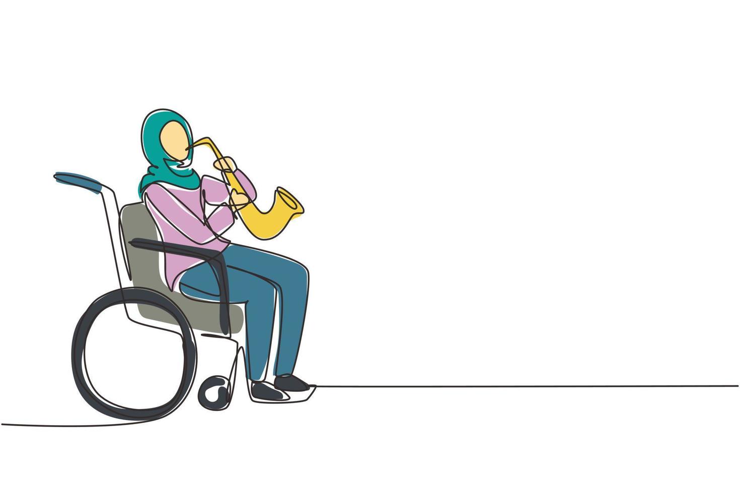 Single one line drawing Arab woman sitting in wheelchair plays saxophone. Disability, classical music. Physically disabled. Person in hospital. Continuous line draw design graphic vector illustration