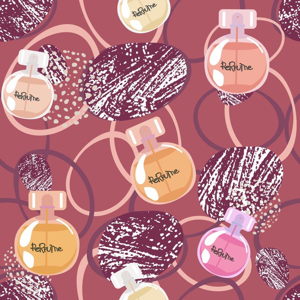 Vector seamless pattern. Rough sketch of perfume bottles on red background. illustration