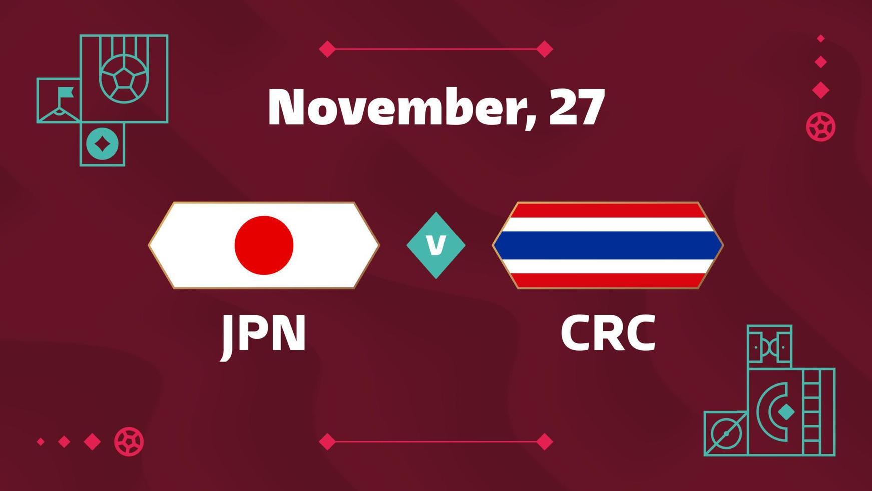 japan vs costa rica match. Football 2022 world championship match versus teams on soccer field. Intro sport background, championship competition final poster, flat style vector illustration