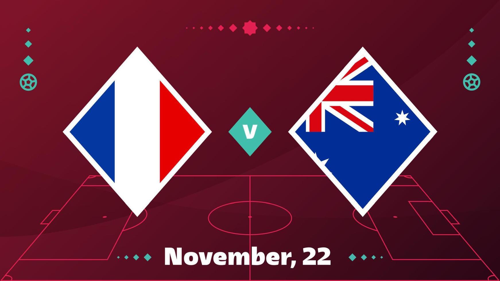 france vs australia match. Football 2022 world championship match versus teams on soccer field. Intro sport background, championship competition final poster, flat style vector illustration