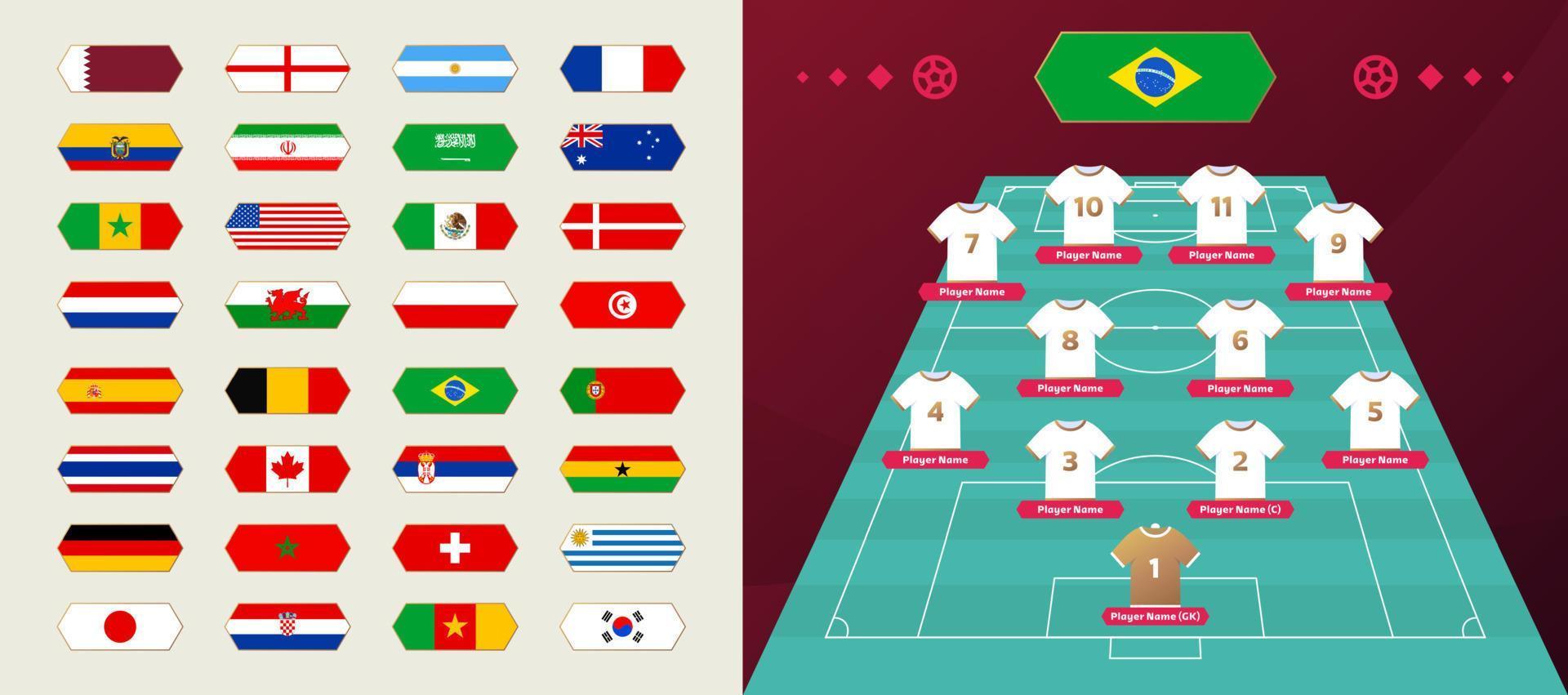 Set of national teams flag and line-up world Football 2022 tournament final stage vector illustration. Country team lineup table and Team Formation on Football Field. Vector country flags.