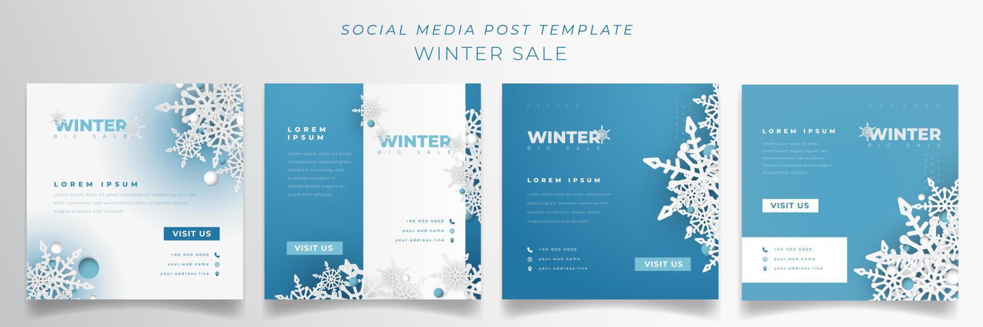 Set of social media post template for winter sale design with white and blue background design vector