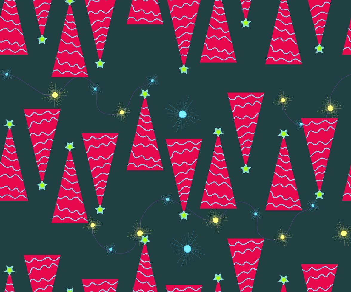 Christmas seamless pattern. Cute vector festive background woth vintage Christmas decorations, stilyzed Christmas tree, illuminations for your holiday winter decoration.