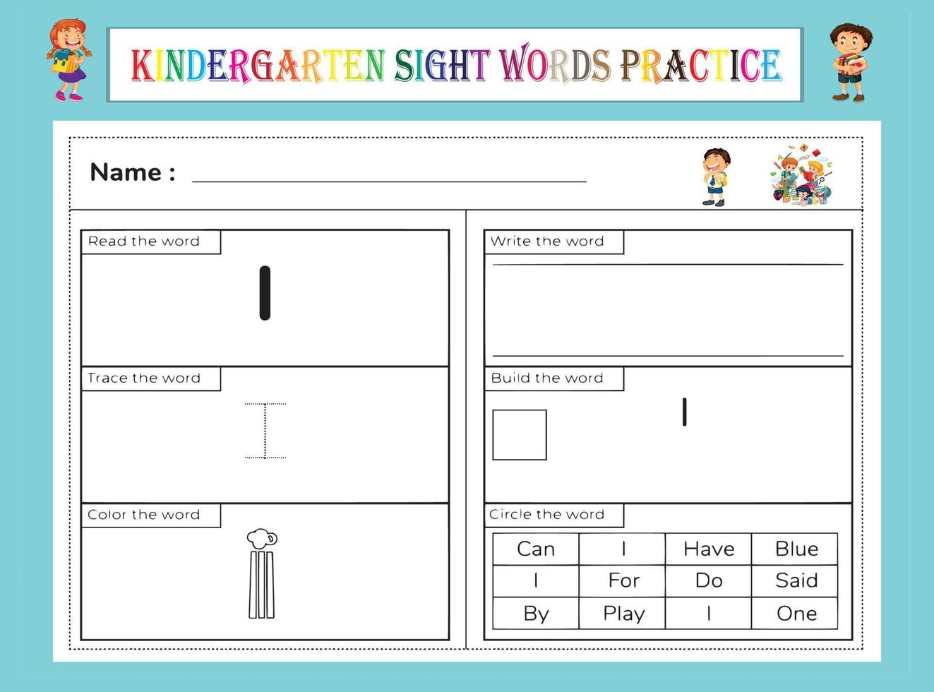 Kindergarten Sight Words Practice Worksheet vector