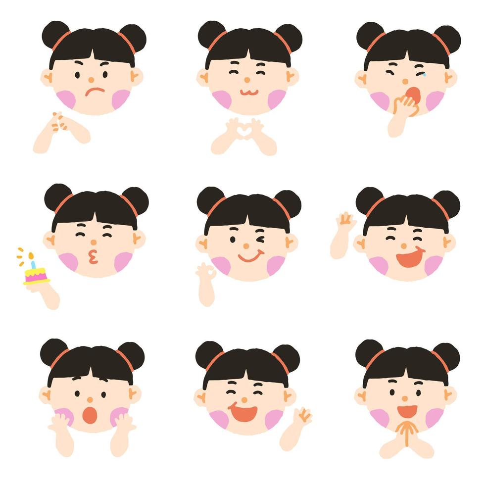 Cute Black Hair Black Eye Girl Kids Children Different Expression Emotions Emotional Emoticon Hand Doodle Character Feelings Faces Collection Set Icon Vector illustration