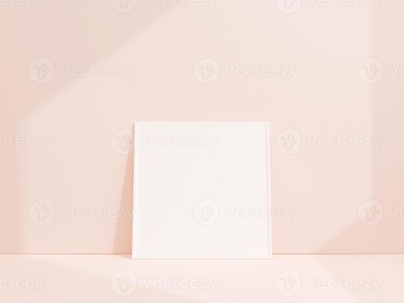 Clean and minimalist front view square white photo or poster frame mockup leaning against white wall. 3d rendering.