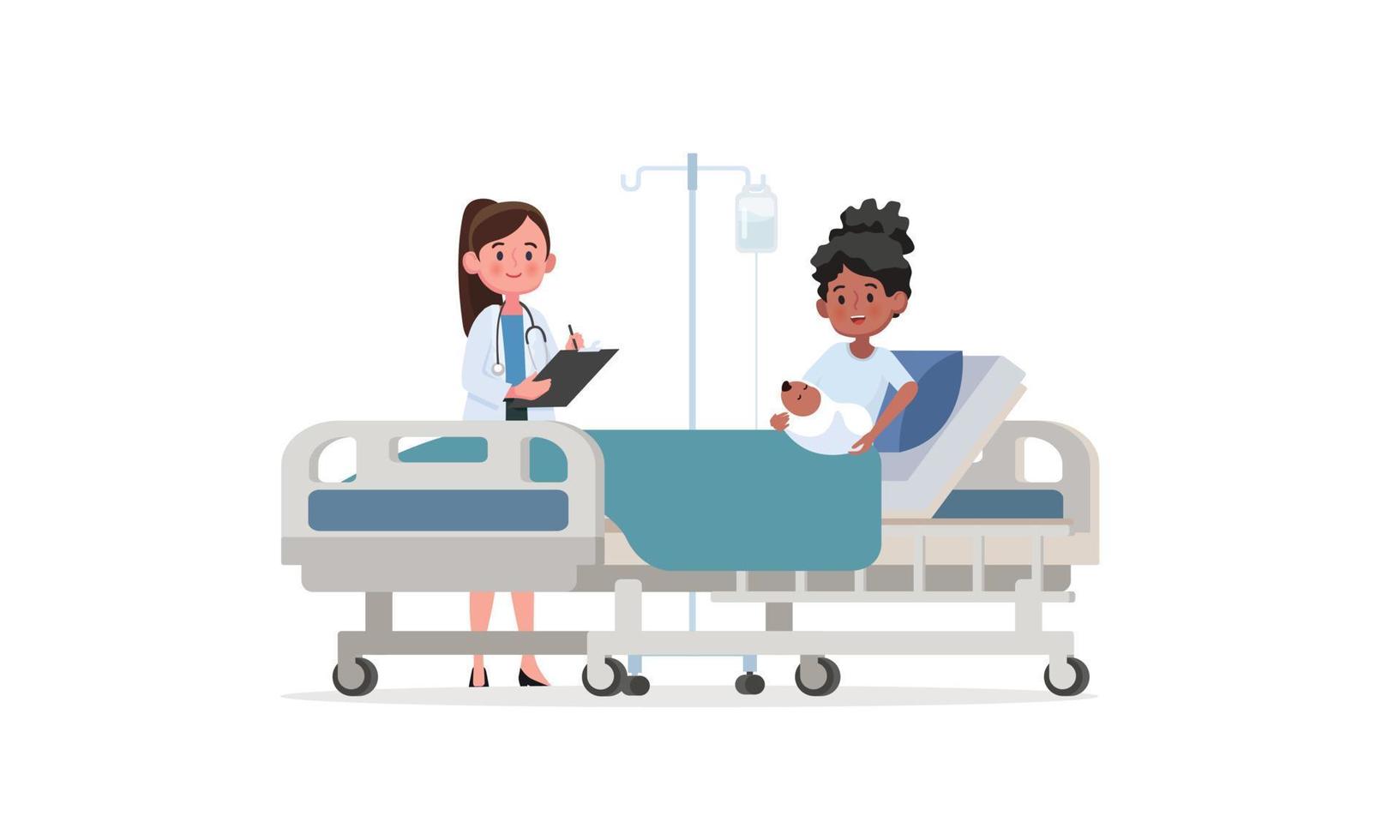 Doctor and mother with newborn baby in modern maternity ward vector