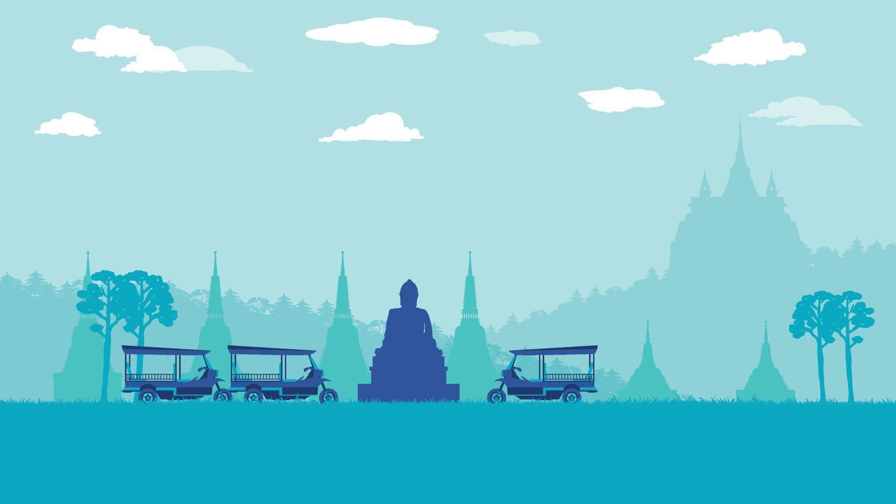 flat cartoon of tuk tuk traditional taxi and pagoda and temple at Thailand vector