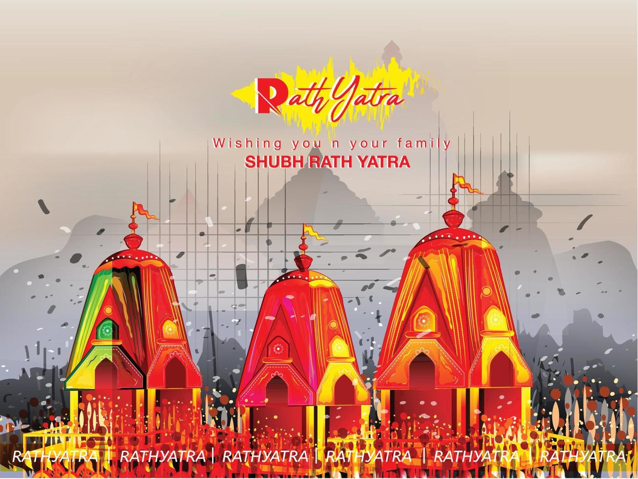 ilustración de lord jagannath, balabhadra y subhadra en el templo anual de rathayatra en carro con rueda, rath yatra vector