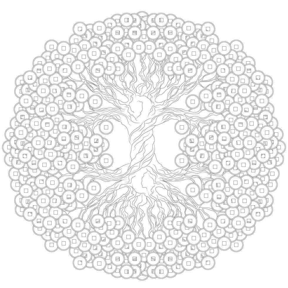 árbol de dinero con monedas chinas. un símbolo tradicional de feng shui para atraer riqueza y prosperidad. ilustración negra. vector