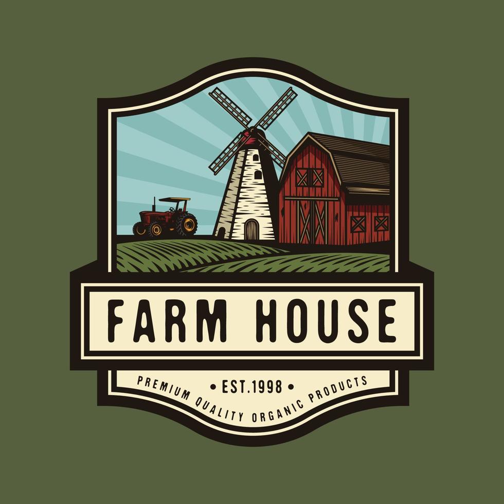 Farm house in green field with windmill and farming old tractor badge design vector