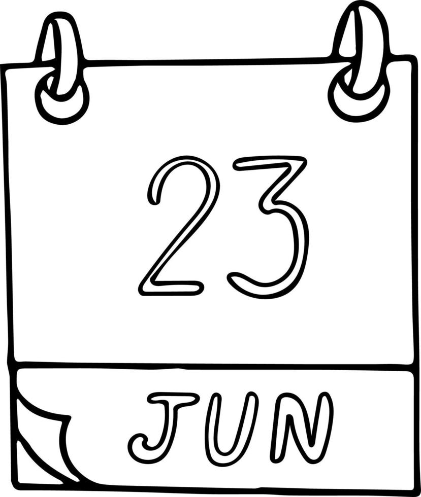 calendar hand drawn in doodle style. June 23. International Olympic Day, Widow, United Nations Public Service, date. icon, sticker element for design. planning, business holiday vector