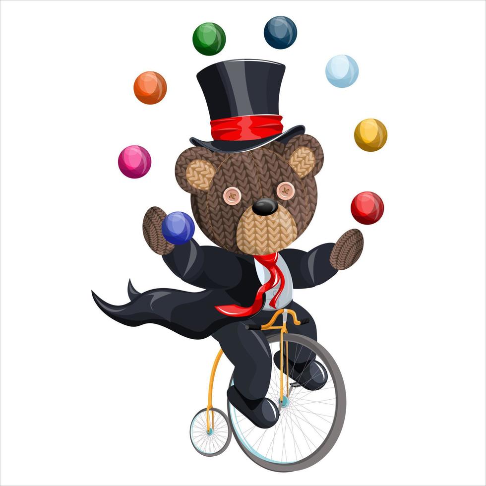 Vector image of a magician bear on a bicycle. Concept. Cartoon style. EPS 10