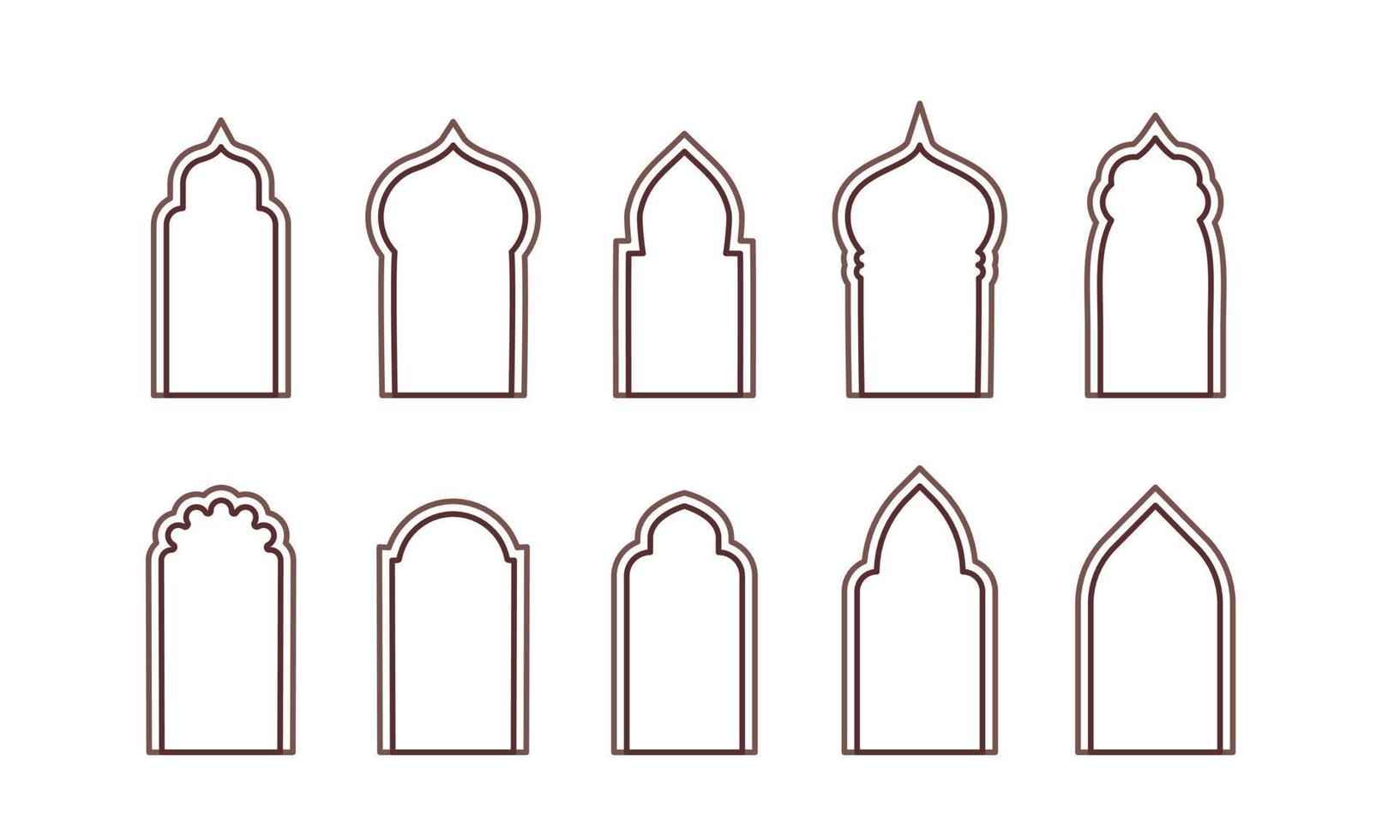 Arab arch door line set. Islam window or gate. Decorative frame. Vector illustration