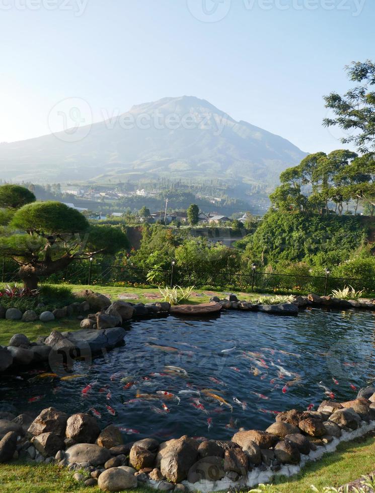 hermosa vista del estanque de peces y la montaña en java central, indonesia foto