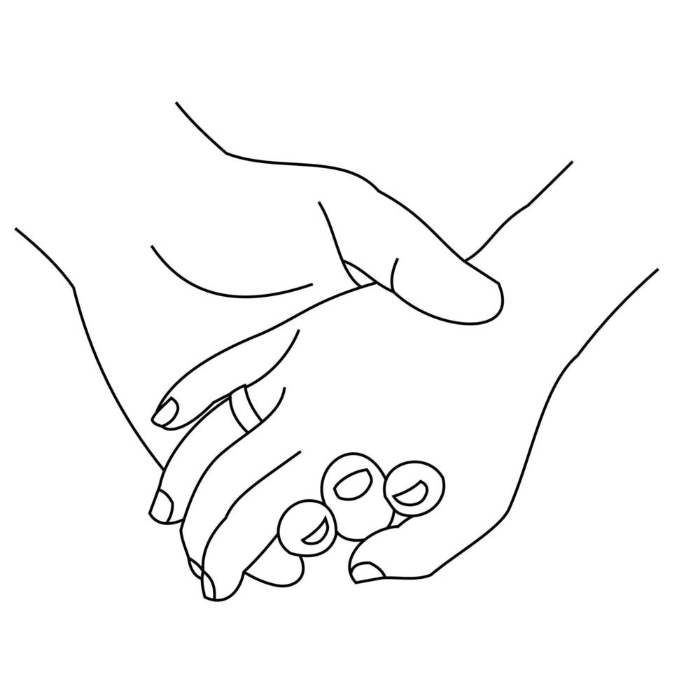 dibujo lineal de ilustración de un primer plano de las manos de un hombre y una mujer abrazándose entre sí. pareja hombre y mujer en la boda cogidos de la mano. manos del novio y la novia en el día de la boda aisladas en un blanco vector