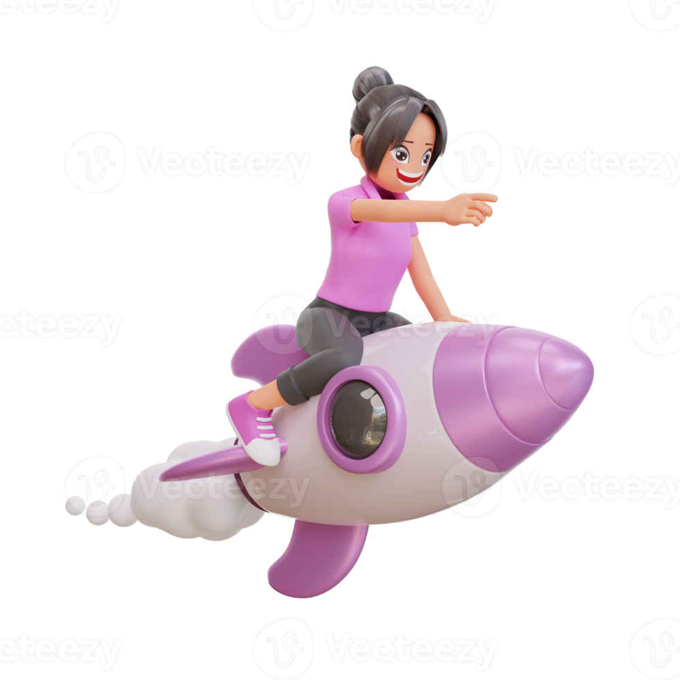 illustration cute girls is flying on a rocket png