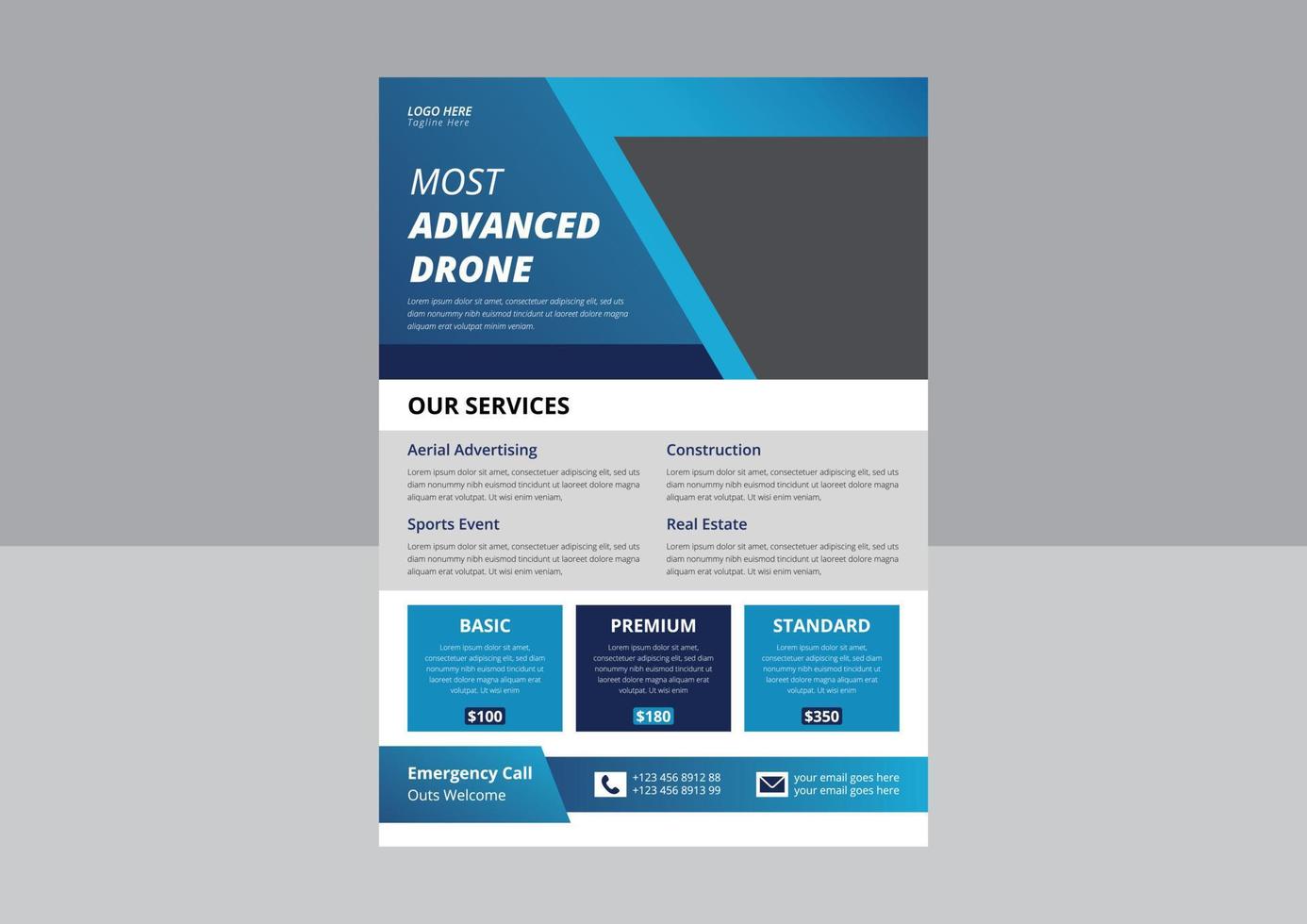 Drone Flyer Template, Most Advanced Drone Services Flyer, Drone Rent Flyer. Pro cam drone service flyer. vector