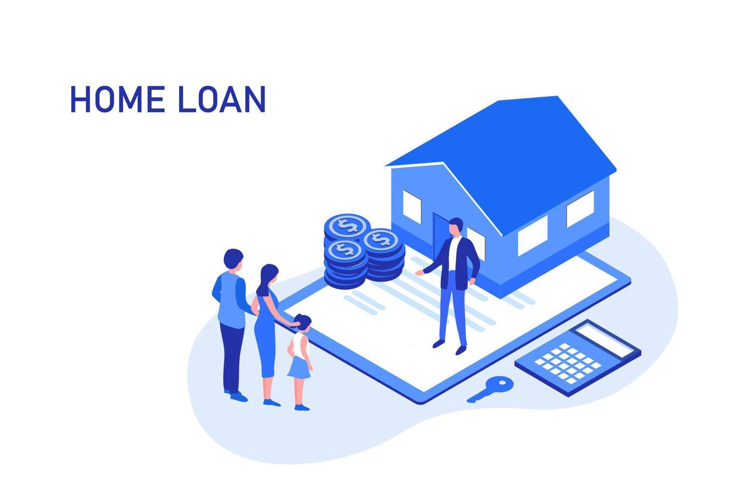 Home loan, refinance, real estate and property mortgage concept. Family with child buy home and sign  contract with banker vector illustration