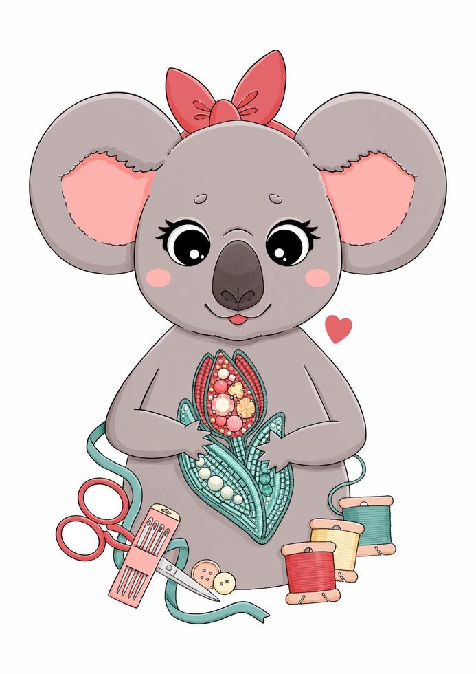 Koala with embroidery, red tulip brooch vector
