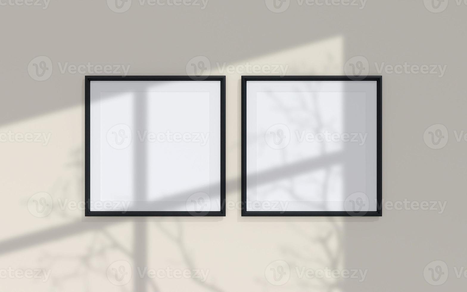 Clean and minimalist front view square black photo or poster frame mockup hanging on the wall with shadow overlay. 3d rendering.