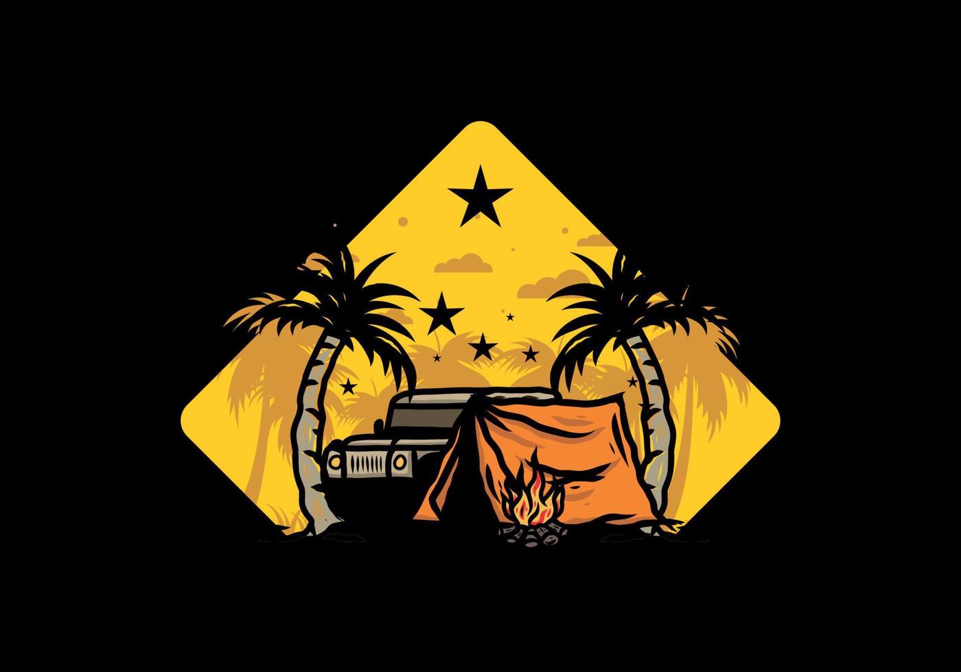 Camping tent in front of car between coconut tree illustration vector